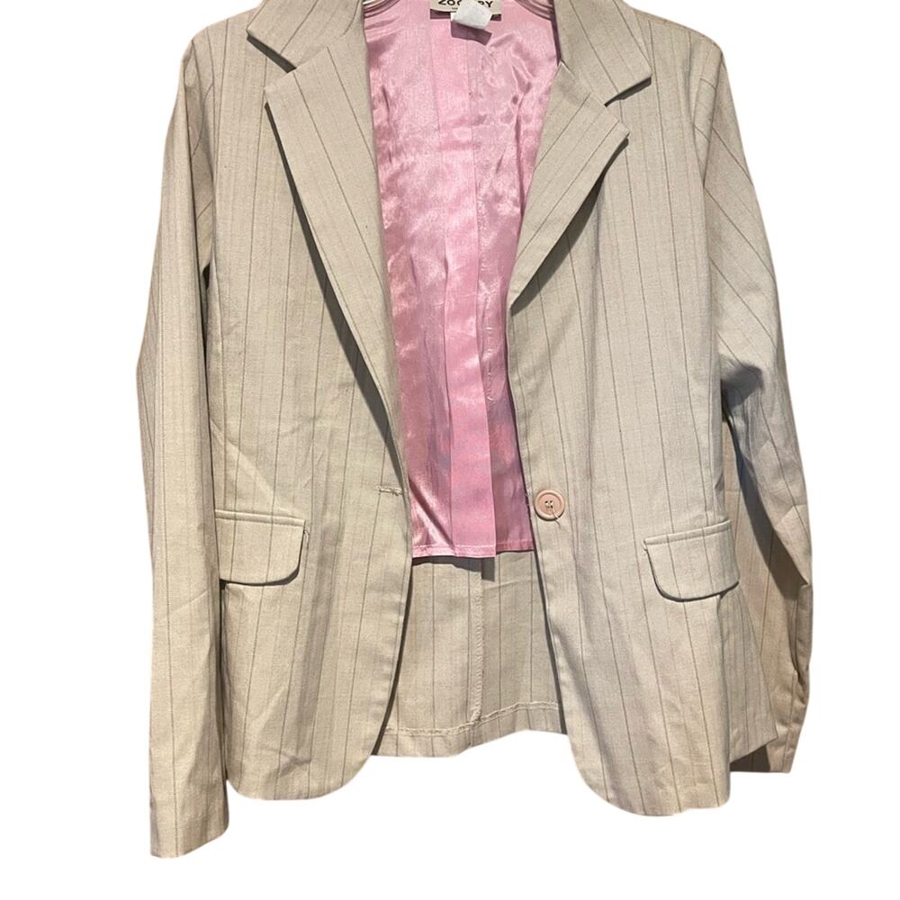 Zoompy Beige Pinstripe Blazer Pink Satin Lining Made in USA Women’s L